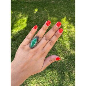 Vintage Style Green Aventurine Sterling Silver 925 Statement Ring Boho 10.5